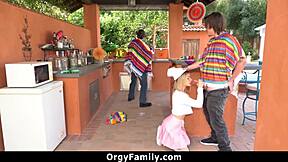 Petite 18+ stepsister gets FUCKED hard in orgy while stepdad is blindfolded by uncle.