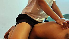 Stepdaughter teases stepfather in bedroom. She rides his big cock roughly until quick orgasm.