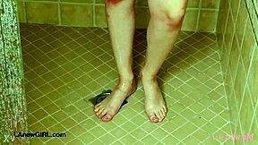 In a casual setup, this sweet teen 18+ brunette decides to take a relaxing shower after her photoshoot on the sofa.