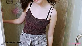 In a casual setup, this sweet teen 18+ brunette decides to take a relaxing shower after her photoshoot on the sofa.