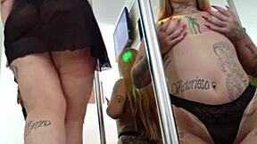 tia and her famous niece dance casually, rubbing together as hot blonde rabudas in the party vibe.