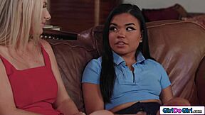 Busty Stepmom Facesits Petite Latina Stepdaughter in Interracial Lesbian Pussy Licking