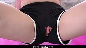 so this petite stepdaughter starts flashing her pussy right at her stepdad while she's working out. things heat up quick in that family fantasy moment.