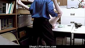 teen gets caught shoplifting in the store. cop gives her rough punishment in the garage with blowjob and doggystyle.