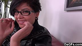 Dagfs - Cute Brunette with Glasses Fingers Shaved Pussy in Sofa Audition