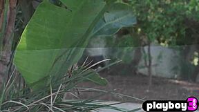 tiny blonde teen strips down in the lush garden while the sexy babe poses naturally