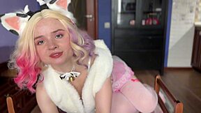 Blonde petite nerd unleashes milk in cosplay lingerie session