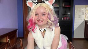 Blonde petite nerd unleashes milk in cosplay lingerie session