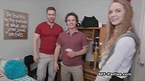 Amateur college coeds in dorm uniform throw hardcore foursome blowjob group party