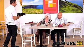 i can't resist this kinky granny in stockings seducing young waiter for desk blowjob while old man watches