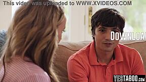 why's this big boobs milf stepmom using blowjob to motivate her horny teen stepson for a job?