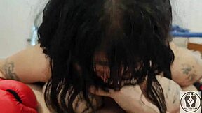 Deedee Love works out in fishnets and gloves, then drops to her knees for blowjob on big cock.