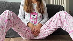 Skinny pajama babe masturbates small tits fingers shaved pussy closeup squirts orgasm