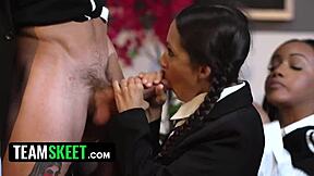 Goth girl Wednesday Adams and ebony friend get fucked by classmate in ffm strapon threesome