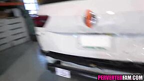 Petite blonde stepdaughter with pierced nipples has no option but to take rough sex from stepdad.