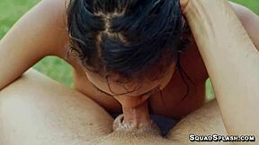 Ebony Nia Nacci Delivers Deepthroat Blowjob to Big Interracial Cock Outdoors