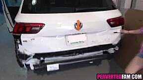 Petite blonde stepdaughter with pierced nipples has no option but to take rough sex from stepdad.