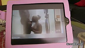 German teen caught him masturbating and helped out with some dirty talk instructions