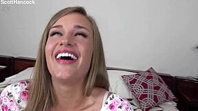 April Brookes as cute 19 yo blonde girl next door gives pov blowjob with huge messy facial cumshot