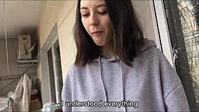 She caught me jerking on the balcony so this cute brunette babe deepthroated my cock and swallowed my cum