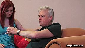 Twenty years old kinky redhead fucks old man grandfather! She rides shaved pussy rough after blowjob lick in quickie sex!