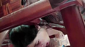 Intense bent over doggystyle fucking for young housewife stepmom with big natural tits and hairy pussy.