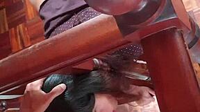 Intense bent over doggystyle fucking for young housewife stepmom with big natural tits and hairy pussy.