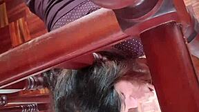 Intense bent over doggystyle fucking for young housewife stepmom with big natural tits and hairy pussy.