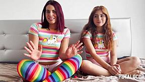 putalocura - latina teens marina gold and rosie cage in bedroom threesome with blowjob cowgirl doggystyle missionary riding and cum in mouth swallow