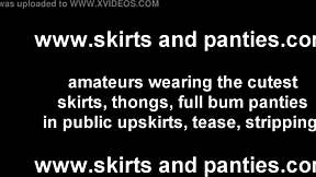 The skinny teen babe flashes panties playfully, noticing the staring eyes around her.