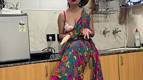 Indian step mother in kitchen roleplay with dirty talk in hindi gets horny for not son!