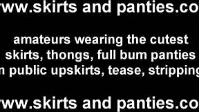 The skinny teen babe flashes panties playfully, noticing the staring eyes around her.