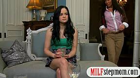 Busty milf joins teen girl for hot threesome blowjob action in living room