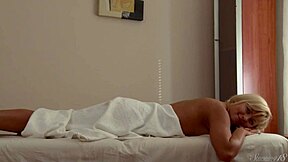 the big-dicked masseur massages blonde mya l's wet shaved pussy on her fours. then she rides him in lingerie with moans.