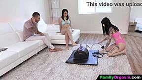 Step Dad Punishes Both Stepdaughters with Rough Threesome Riding on Sofa Until Orgasm