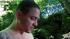 Deep in the forest she bends over for rough double penetration with two lucky guys