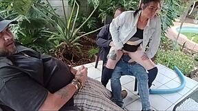 stepbrother pounds virgin stepsister in bedroom mmf while friend jerks off and cums on tits