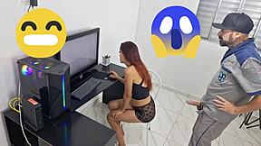 Housewife calls technician and greets him wearing only panties