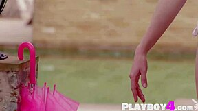 Petite natural babe Hilary C slowly strips lingerie to reveal her small tits outdoors.