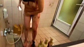 How does this chubby Japanese girl handle deepthroat blowjob and hairy pussy sex in the shower?