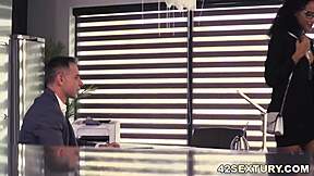 Romy Indy gives footjob and blowjob to big black cock in doggystyle.