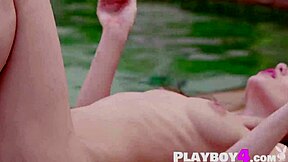 Petite natural babe Hilary C slowly strips lingerie to reveal her small tits outdoors.