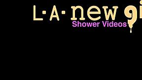 Conversational Shy brunette with big hair took a shower on sofa