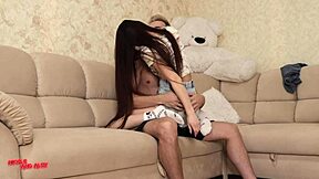 Slut Wet Pussy Neighbor Helped Fix Sofa with Creampie Fuck