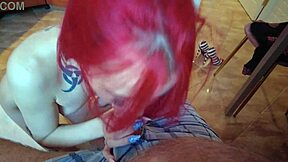 Redhead Chick Sucking Dick of Fat Old Dude in Homemade Deepthroat Session