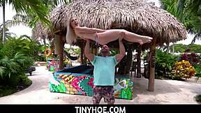 Tiny blonde teen removes her small bikini to ride a lucky guy in intense action. She enjoys every moment of the passionate encounter.