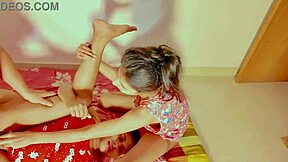 Hey, check this hardcore threesome with deepthroat blowjob and ffm doggystyle fisting. Petite teens ride cowgirl to squirting orgasm in wet homemade action.