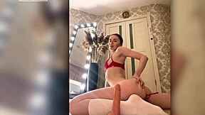 Red hair sucks a huge cock and enjoys it with close up belly massage and fingering.