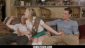 Stepdaughter expertly handles daddy and stepbrothers' cocks in family scene
