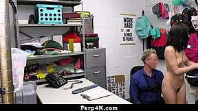 shoplifting Aria Valencia gets caught and gives officer deepthroat blowjob before riding his cock hard